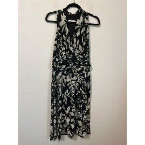 Evan Picone Sz 16 Fit and Flare Midi Halter Style Dress Black White Print